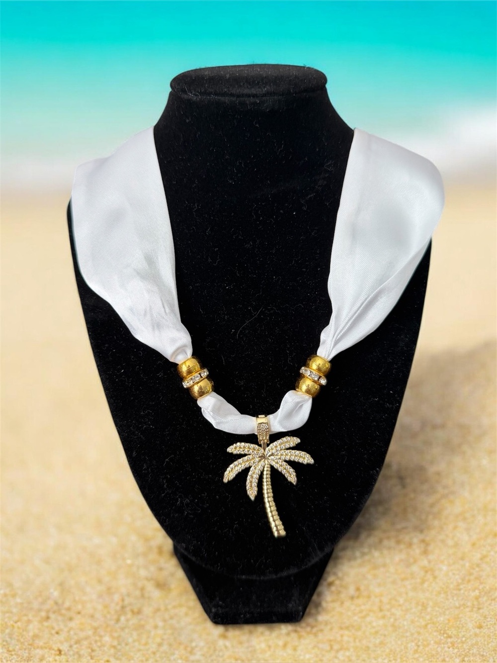 Elegant White scarf Necklace with Goldtone Palm Tree Charm